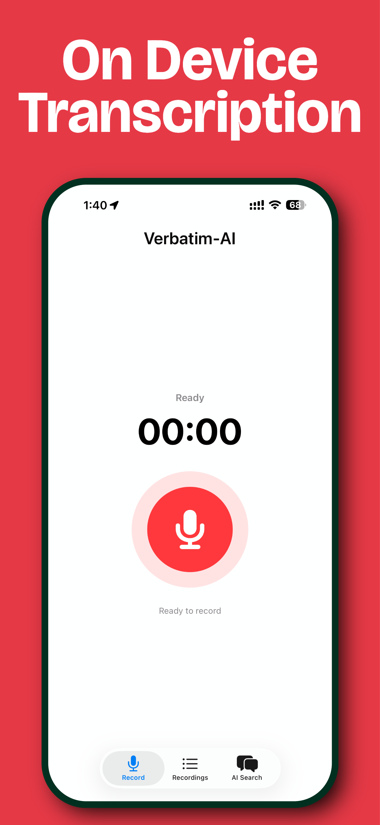 Verbatim AI recording screen with on-device transcription workflow.